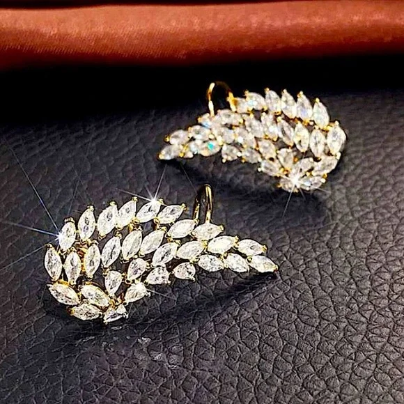 Gold Cubic Zircon Leaf Angel Wing Cuff Earrings - Picture 3 of 7